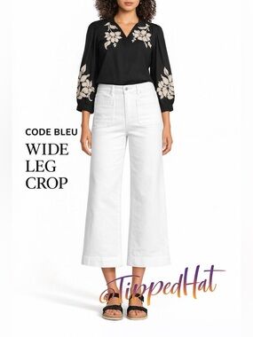 NWT $59 Code Bleu Wide Leg Crop Pants White High Rise Stretch.